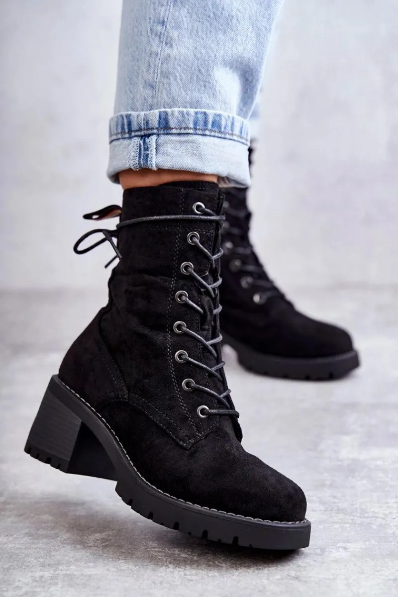 Damskie Trapery|Botki Sznurowane>Boto Damskie Ocieplane Botki Trapery Na Obcasie Czarne Julieta