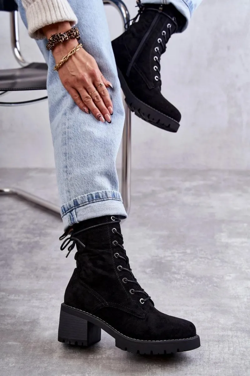 Damskie Trapery|Botki Sznurowane>Boto Damskie Ocieplane Botki Trapery Na Obcasie Czarne Julieta