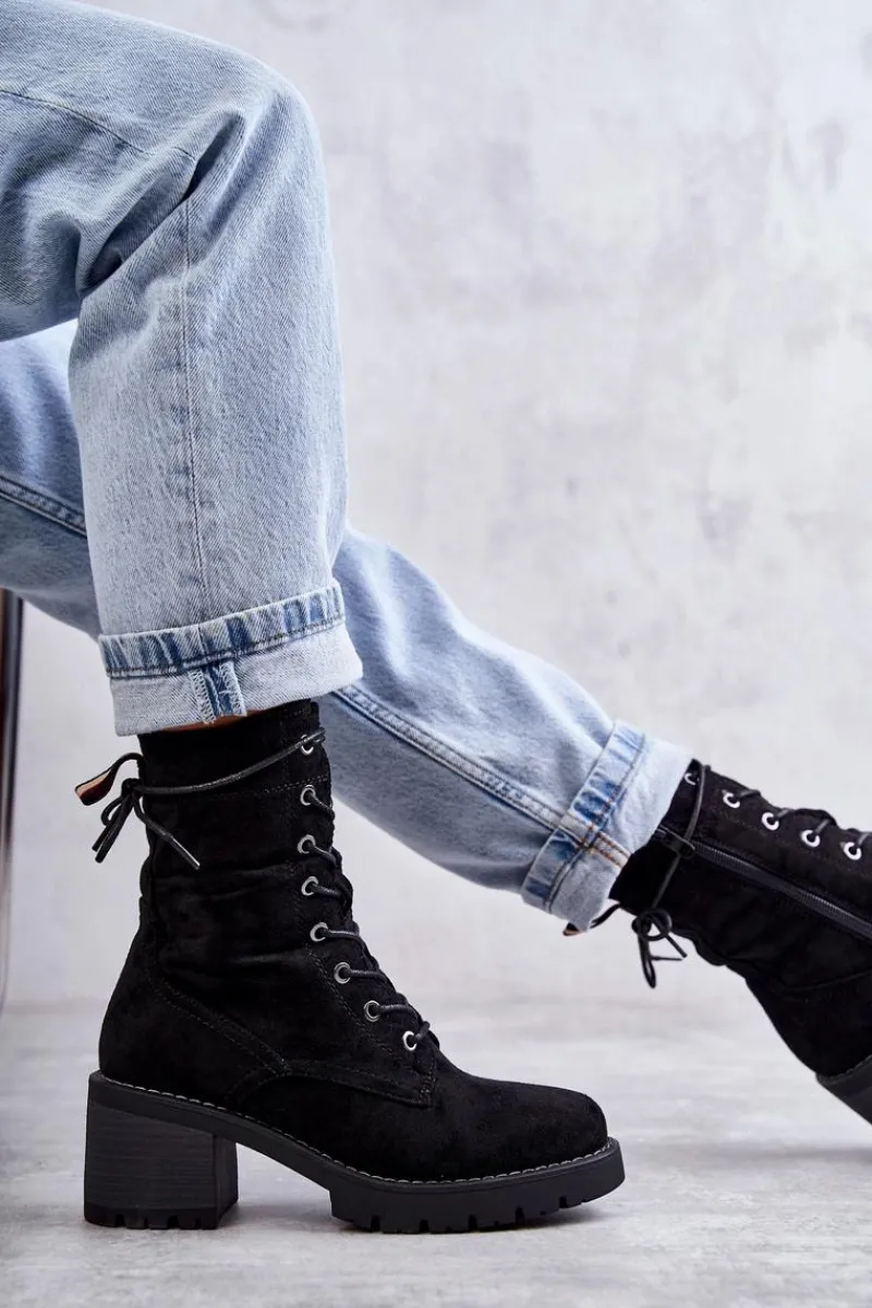 Damskie Trapery|Botki Sznurowane>Boto Damskie Ocieplane Botki Trapery Na Obcasie Czarne Julieta