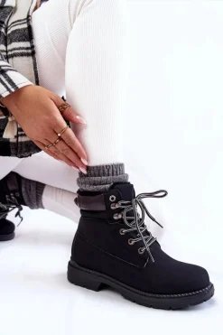 Damskie Trapery|Botki Sznurowane>Boto Damskie Ocieplane Botki Trapery Czarne Lonne