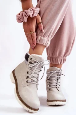 Outlet Damskie Ocieplane Botki Trapery Jasnoszare Lonne Damskie Damskie Trapery|Botki Sznurowane