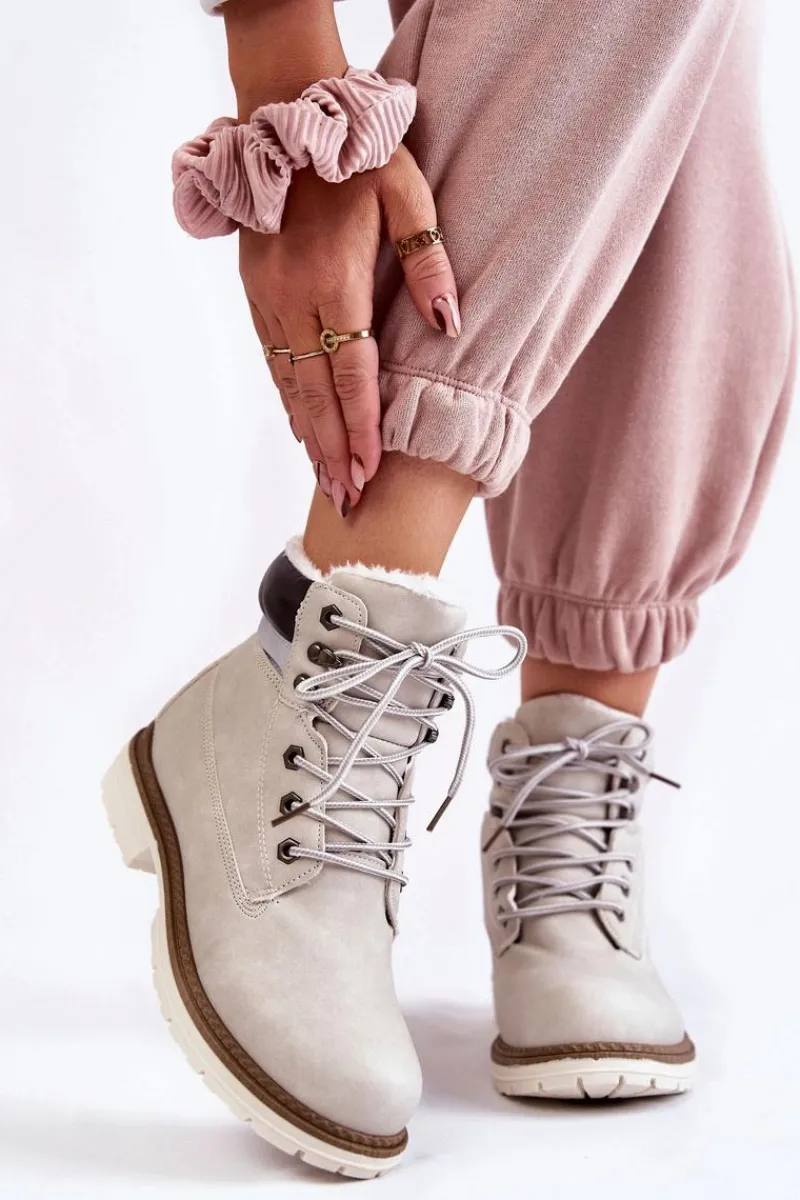 Outlet Damskie Ocieplane Botki Trapery Jasnoszare Lonne Damskie Damskie Trapery|Botki Sznurowane