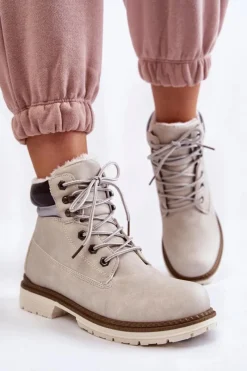 Outlet Damskie Ocieplane Botki Trapery Jasnoszare Lonne Damskie Damskie Trapery|Botki Sznurowane