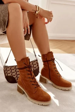 Boto Damskie Ocieplane Botki Trapery Na Obcasie Camel Julieta Brązowy