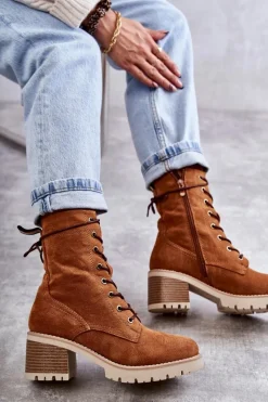 Boto Damskie Ocieplane Botki Trapery Na Obcasie Camel Julieta Brązowy