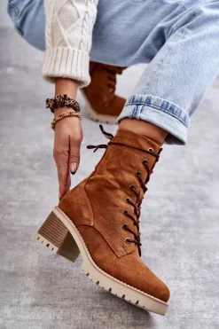 Boto Damskie Ocieplane Botki Trapery Na Obcasie Camel Julieta Brązowy