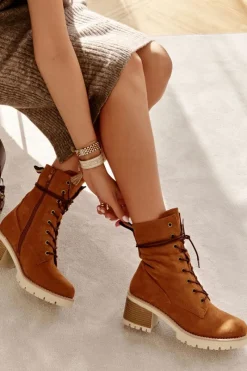 Boto Damskie Ocieplane Botki Trapery Na Obcasie Camel Julieta Brązowy