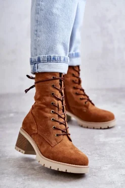 Boto Damskie Ocieplane Botki Trapery Na Obcasie Camel Julieta Brązowy