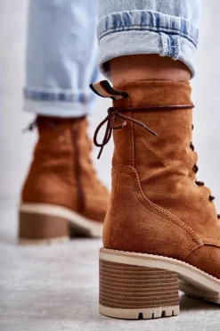 Boto Damskie Ocieplane Botki Trapery Na Obcasie Camel Julieta Brązowy