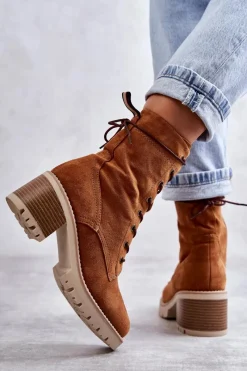 Boto Damskie Ocieplane Botki Trapery Na Obcasie Camel Julieta Brązowy