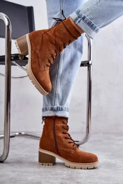 Boto Damskie Ocieplane Botki Trapery Na Obcasie Camel Julieta Brązowy