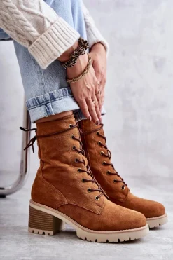 Boto Damskie Ocieplane Botki Trapery Na Obcasie Camel Julieta Brązowy