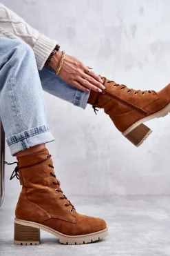 Boto Damskie Ocieplane Botki Trapery Na Obcasie Camel Julieta Brązowy