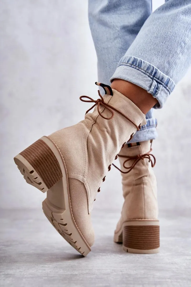 Best Damskie Ocieplane Botki Trapery Na Obcasie Beżowe Julieta Damskie Botki Ocieplane|Damskie Trapery