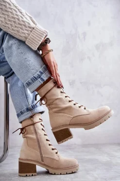 Best Damskie Ocieplane Botki Trapery Na Obcasie Beżowe Julieta Damskie Botki Ocieplane|Damskie Trapery