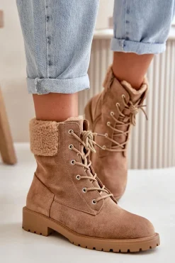 Discount Damskie Ocieplane Botki Workery Na Zamek Brązowe Mivael Damskie Botki Ocieplane|Botki Sznurowane