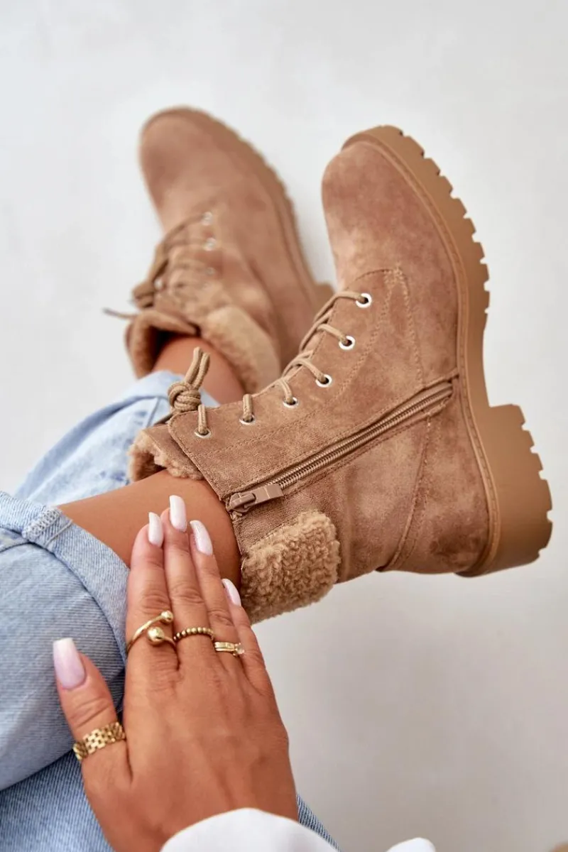 Discount Damskie Ocieplane Botki Workery Na Zamek Brązowe Mivael Damskie Botki Ocieplane|Botki Sznurowane