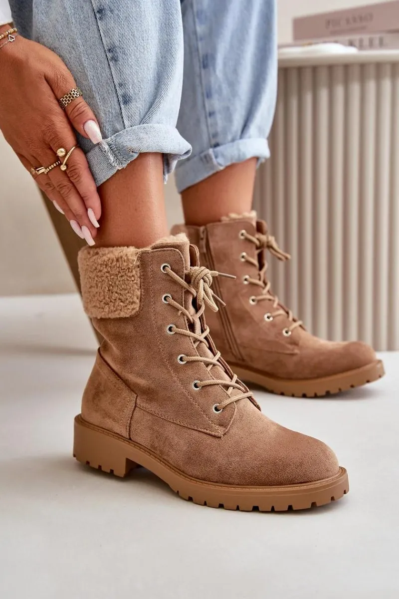 Discount Damskie Ocieplane Botki Workery Na Zamek Brązowe Mivael Damskie Botki Ocieplane|Botki Sznurowane