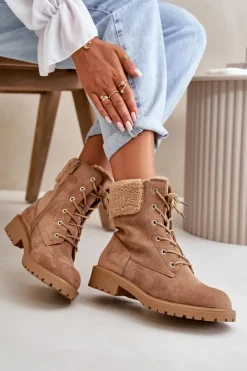 Discount Damskie Ocieplane Botki Workery Na Zamek Brązowe Mivael Damskie Botki Ocieplane|Botki Sznurowane