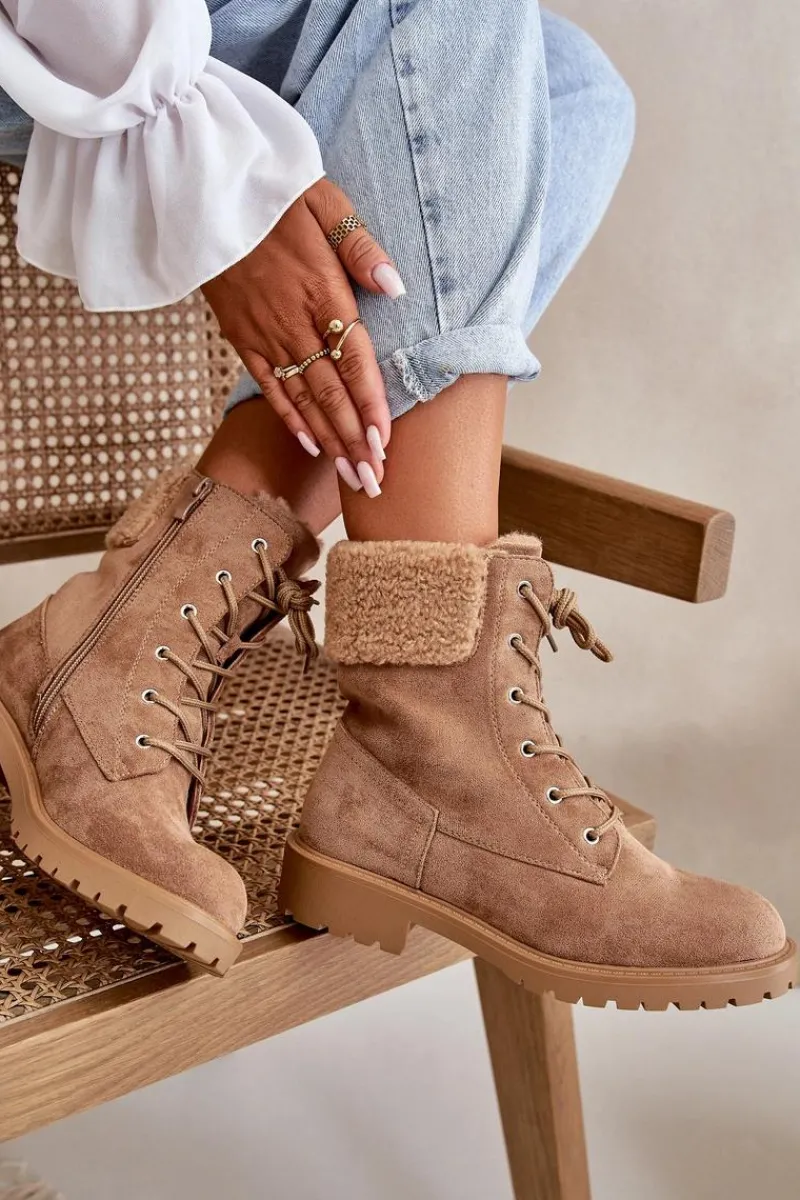 Discount Damskie Ocieplane Botki Workery Na Zamek Brązowe Mivael Damskie Botki Ocieplane|Botki Sznurowane