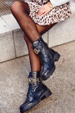 New Damskie Ocieplane Botki Workery Złota Klamra Czarne Gold Damskie Botki Sznurowane|Czarne Botki