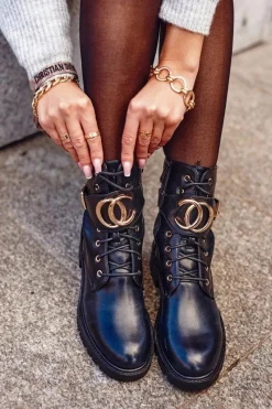 New Damskie Ocieplane Botki Workery Złota Klamra Czarne Gold Damskie Botki Sznurowane|Czarne Botki