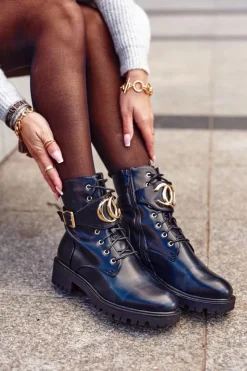 New Damskie Ocieplane Botki Workery Złota Klamra Czarne Gold Damskie Botki Sznurowane|Czarne Botki