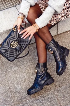 New Damskie Ocieplane Botki Workery Złota Klamra Czarne Gold Damskie Botki Sznurowane|Czarne Botki