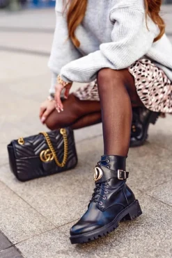 New Damskie Ocieplane Botki Workery Złota Klamra Czarne Gold Damskie Botki Sznurowane|Czarne Botki