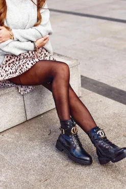 New Damskie Ocieplane Botki Workery Złota Klamra Czarne Gold Damskie Botki Sznurowane|Czarne Botki