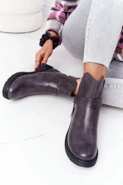 Czarne Botki|Botki Zimowe Damskie>Boto Damskie Ocieplane Botki Workery Szare Alivia