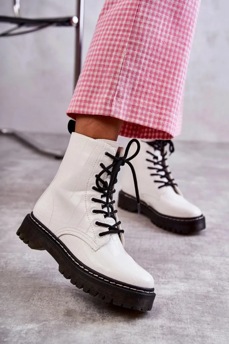 Damskie Ocieplane Botki Wężowe Białe Salma Damskie Botki Sznurowane|Botki Zimowe Damskie