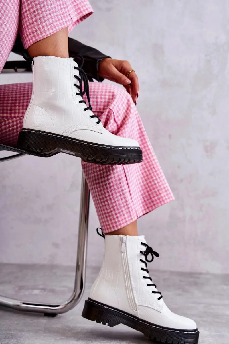 Damskie Ocieplane Botki Wężowe Białe Salma Damskie Botki Sznurowane|Botki Zimowe Damskie