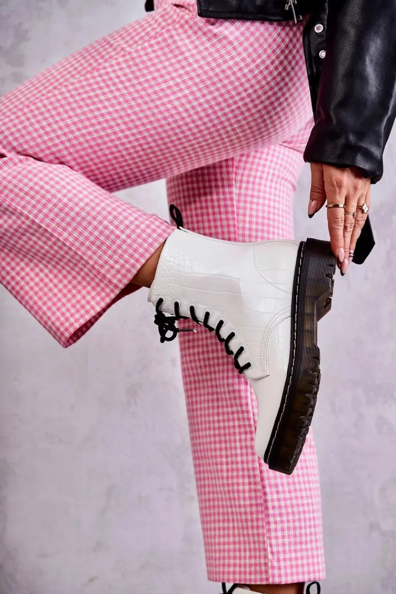 Damskie Ocieplane Botki Wężowe Białe Salma Damskie Botki Sznurowane|Botki Zimowe Damskie