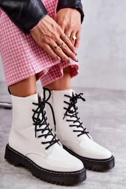 Damskie Ocieplane Botki Wężowe Białe Salma Damskie Botki Sznurowane|Botki Zimowe Damskie