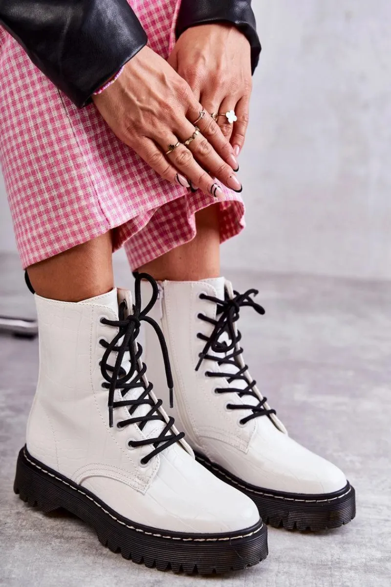 Damskie Ocieplane Botki Wężowe Białe Salma Damskie Botki Sznurowane|Botki Zimowe Damskie