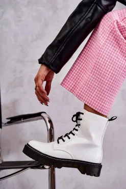 Damskie Ocieplane Botki Wężowe Białe Salma Damskie Botki Sznurowane|Botki Zimowe Damskie