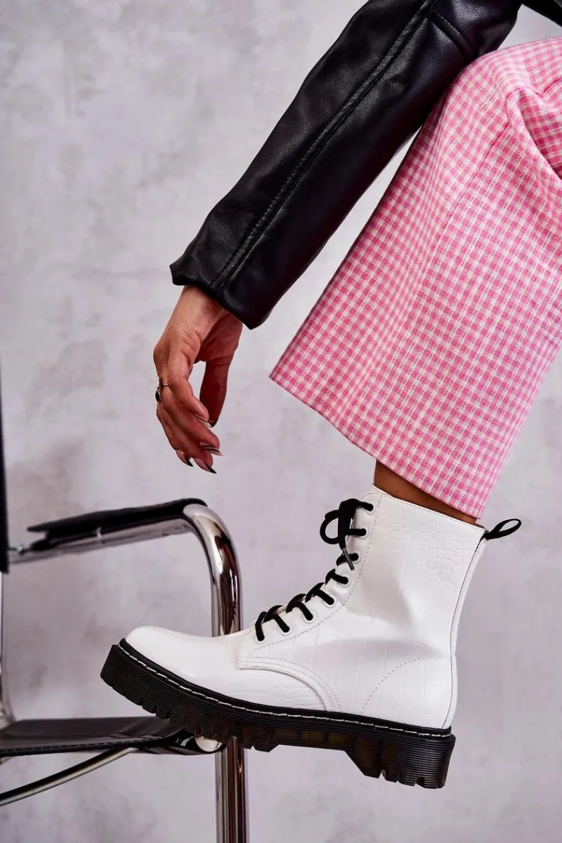 Damskie Ocieplane Botki Wężowe Białe Salma Damskie Botki Sznurowane|Botki Zimowe Damskie