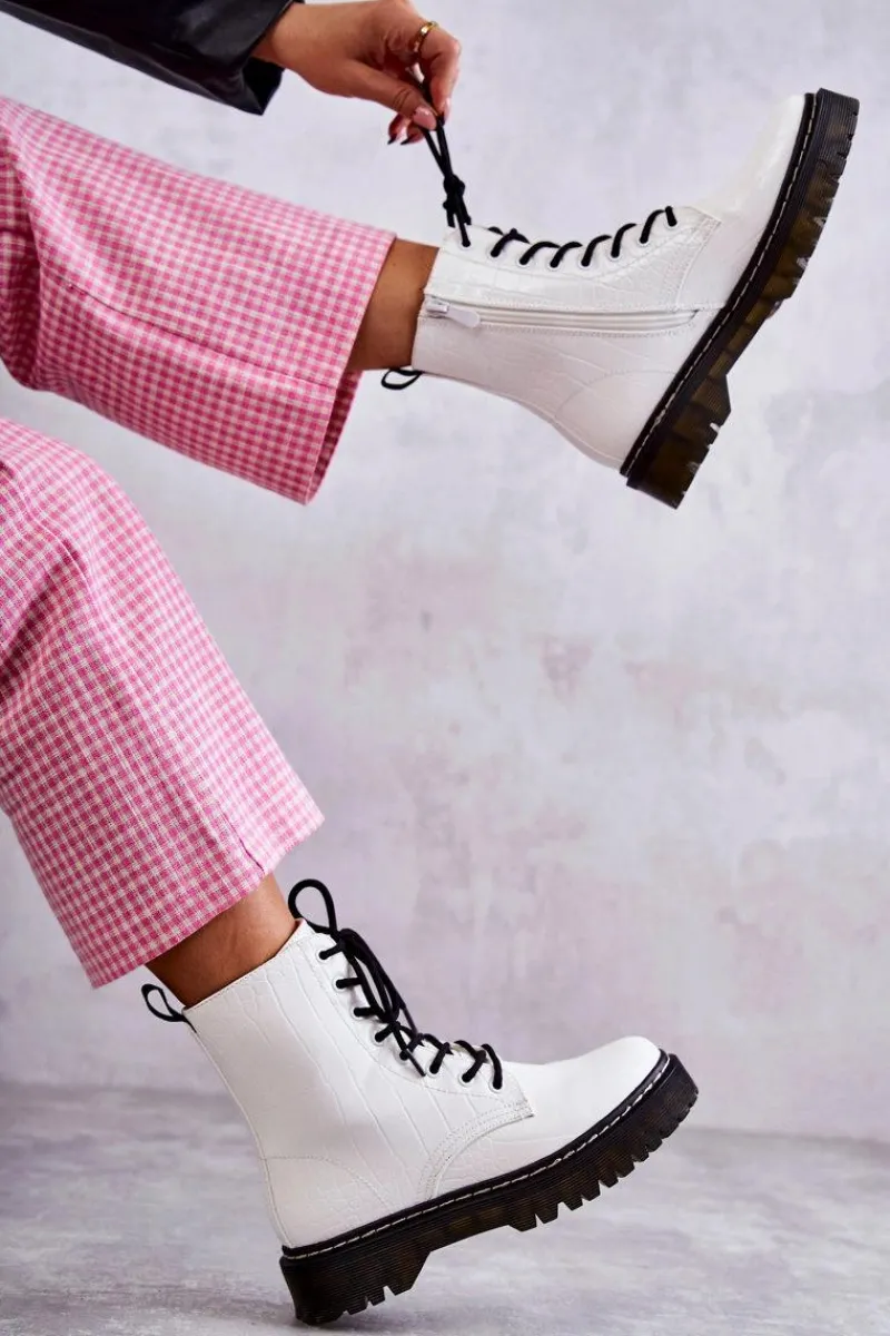 Damskie Ocieplane Botki Wężowe Białe Salma Damskie Botki Sznurowane|Botki Zimowe Damskie