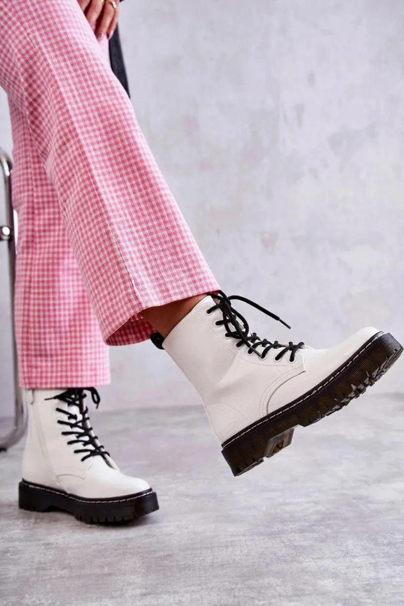 Damskie Ocieplane Botki Wężowe Białe Salma Damskie Botki Sznurowane|Botki Zimowe Damskie