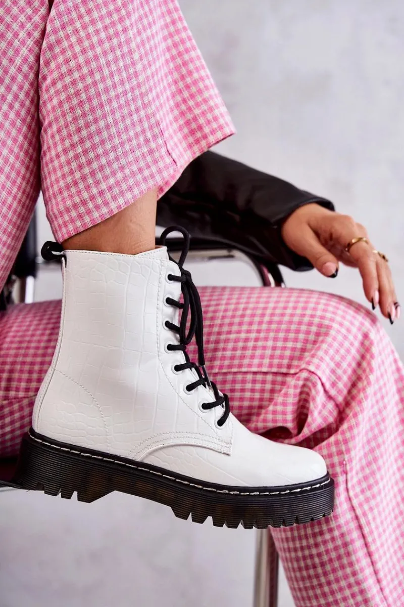 Damskie Ocieplane Botki Wężowe Białe Salma Damskie Botki Sznurowane|Botki Zimowe Damskie