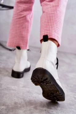 Damskie Ocieplane Botki Wężowe Białe Salma Damskie Botki Sznurowane|Botki Zimowe Damskie