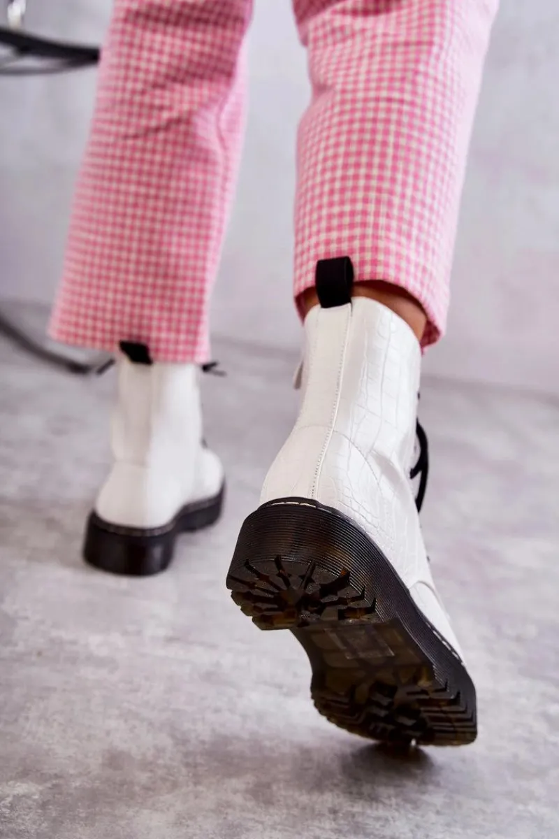 Damskie Ocieplane Botki Wężowe Białe Salma Damskie Botki Sznurowane|Botki Zimowe Damskie