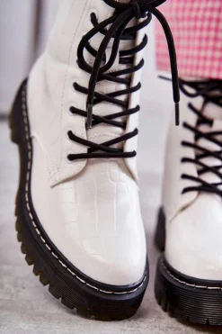 Damskie Ocieplane Botki Wężowe Białe Salma Damskie Botki Sznurowane|Botki Zimowe Damskie