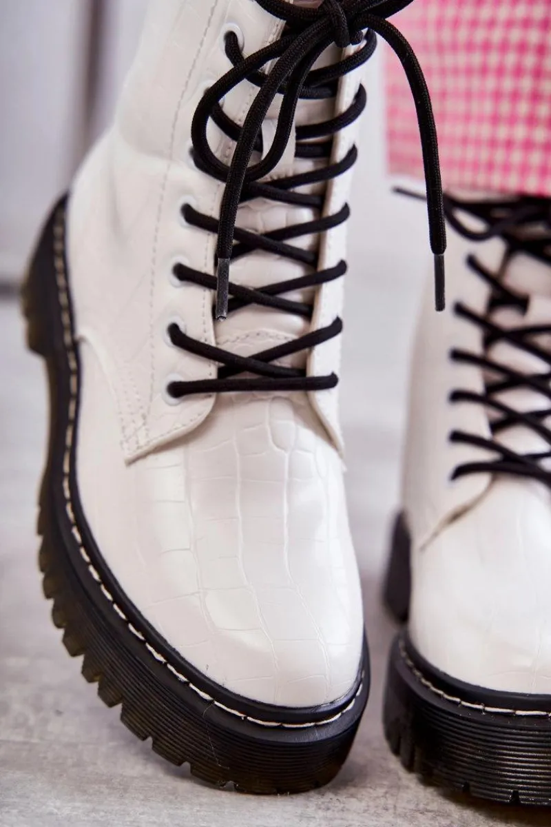 Damskie Ocieplane Botki Wężowe Białe Salma Damskie Botki Sznurowane|Botki Zimowe Damskie