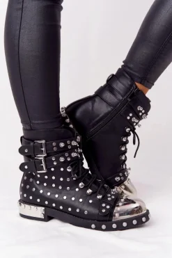 Best Damskie Ocieplane Botki Workery Z Dżetami Czarne Lu Boo Damskie Botki Sznurowane|Czarne Botki