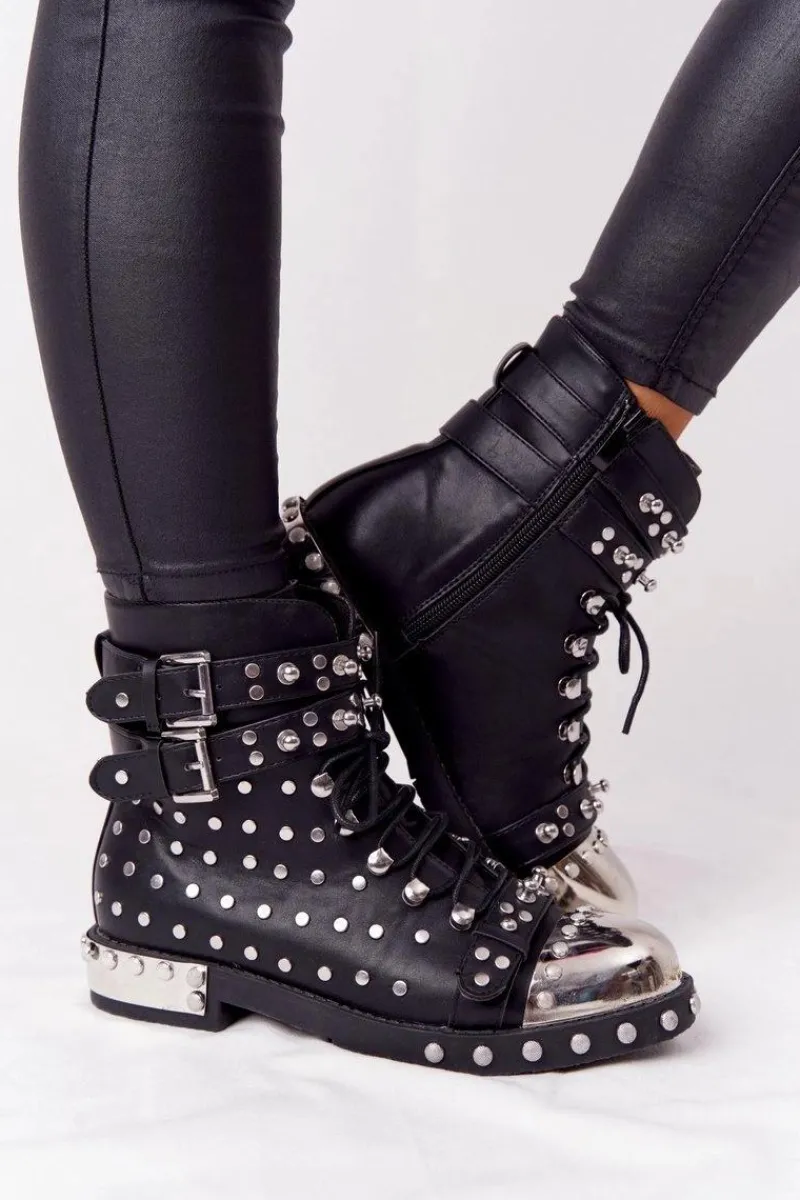 Best Damskie Ocieplane Botki Workery Z Dżetami Czarne Lu Boo Damskie Botki Sznurowane|Czarne Botki