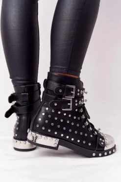 Best Damskie Ocieplane Botki Workery Z Dżetami Czarne Lu Boo Damskie Botki Sznurowane|Czarne Botki