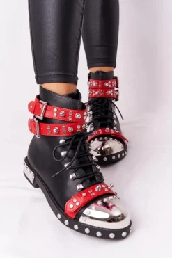 Botki Sznurowane|Czarne Botki>Boto Damskie Ocieplane Botki Workery Z Dżetami Czarno-Czerwone Lu Boo