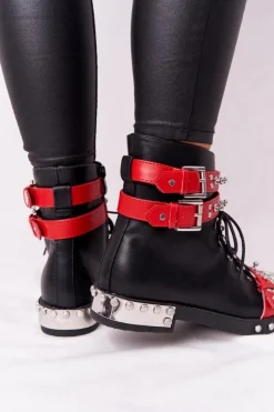 Botki Sznurowane|Czarne Botki>Boto Damskie Ocieplane Botki Workery Z Dżetami Czarno-Czerwone Lu Boo